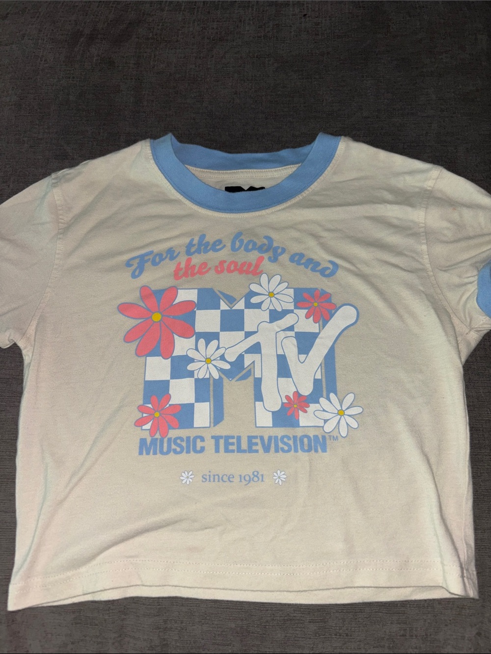 MTV women’s tee with Blue Trim and Pink Floral Logo